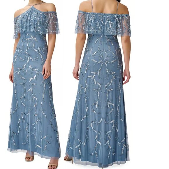 Aidan Mattox Blue Silver Beaded Sequin Off the Shoulder Halter Gown Size 2 NEW - Picture 1 of 7